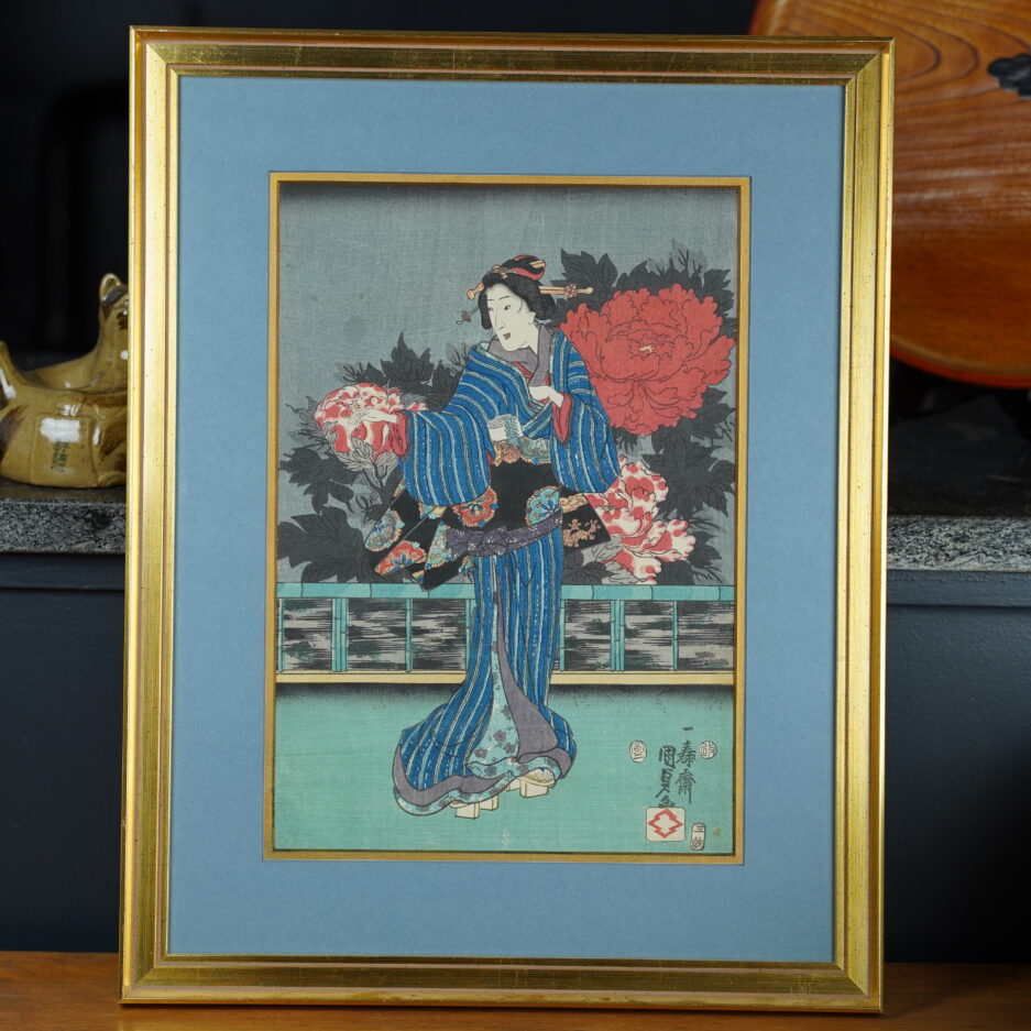 Estampe Kunisada geisha japon pivoines