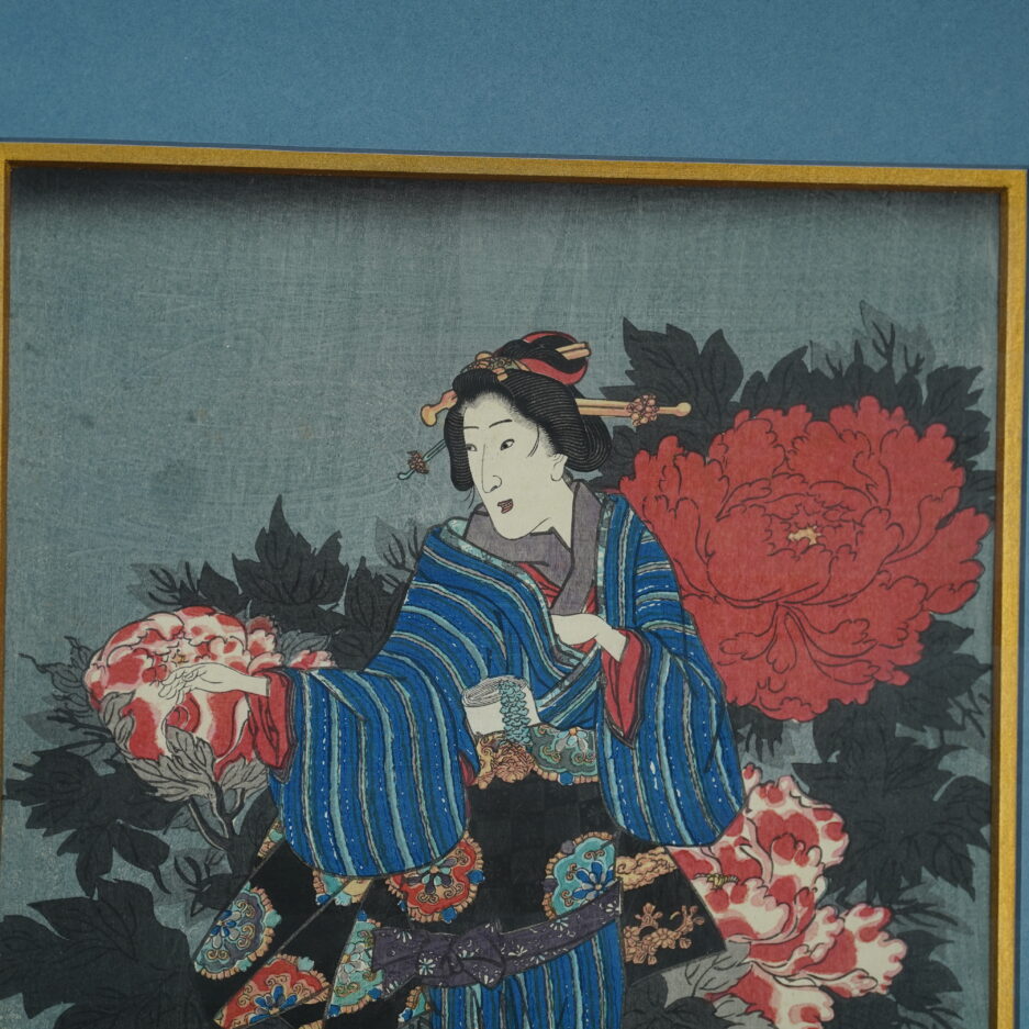 Estampe Kunisada geisha japon pivoines