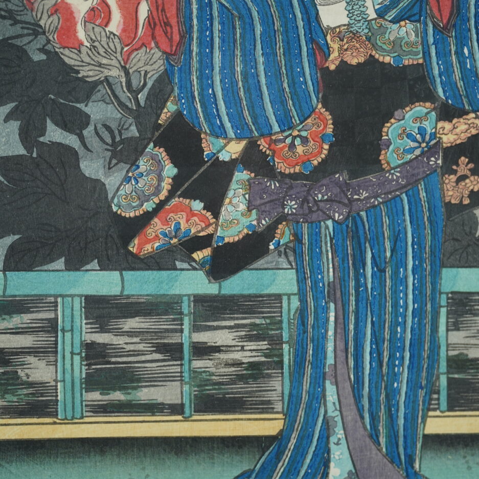 Estampe Kunisada geisha japon pivoines