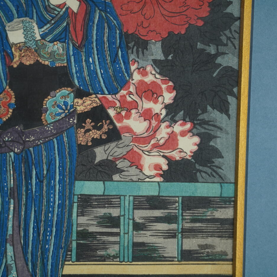 Estampe Kunisada geisha japon pivoines