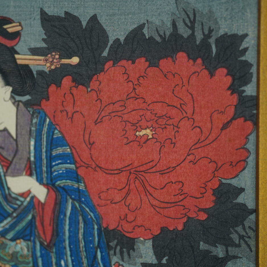 Estampe Kunisada geisha japon pivoines